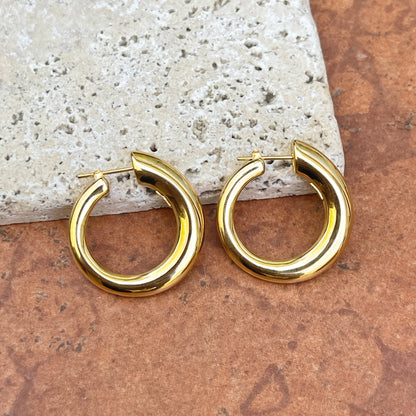 14KT Yellow Gold Tapered Tube 7mm Round Hoop Earrings 30mm