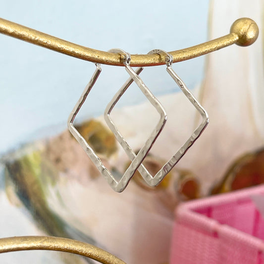 Sterling Silver Hammered Square Hoop Earrings 33mm