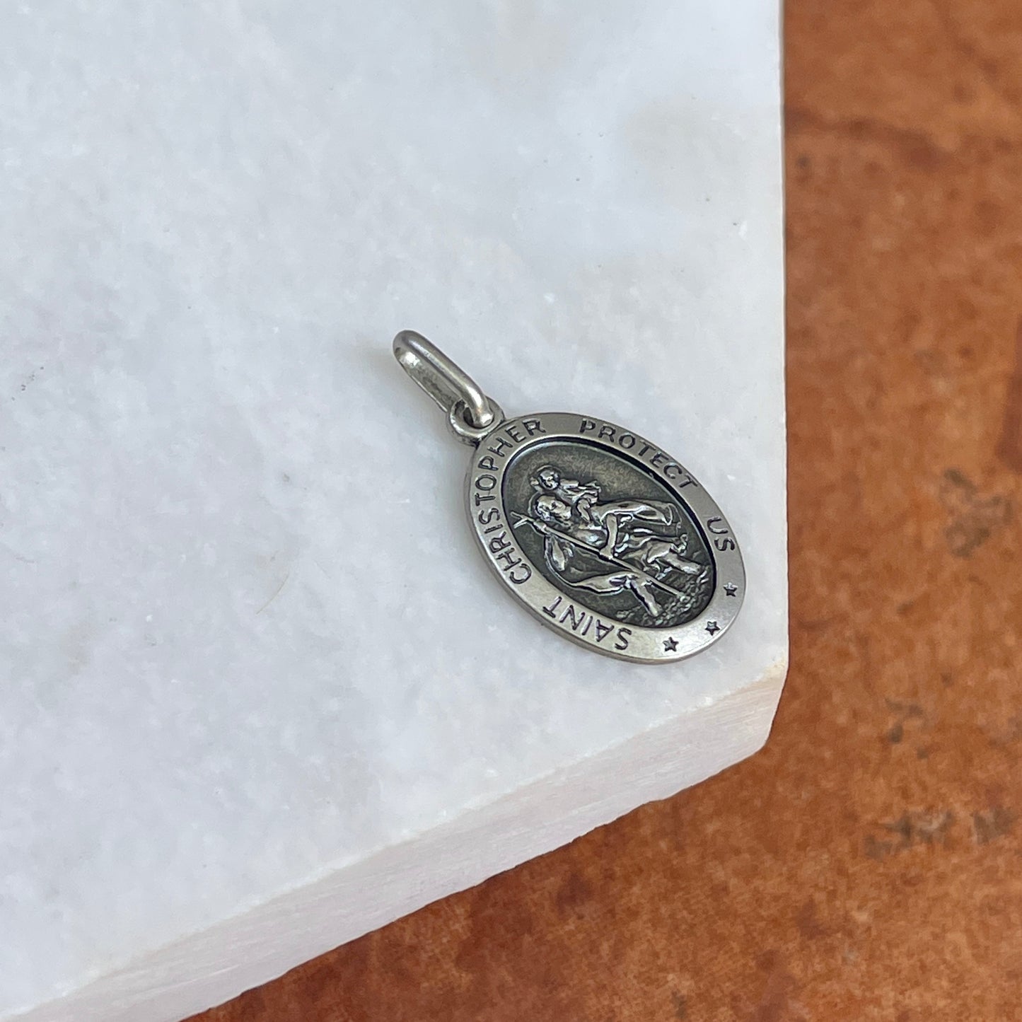 Sterling Silver Antiqued St Christopher Oval Medal Pendant 25mm