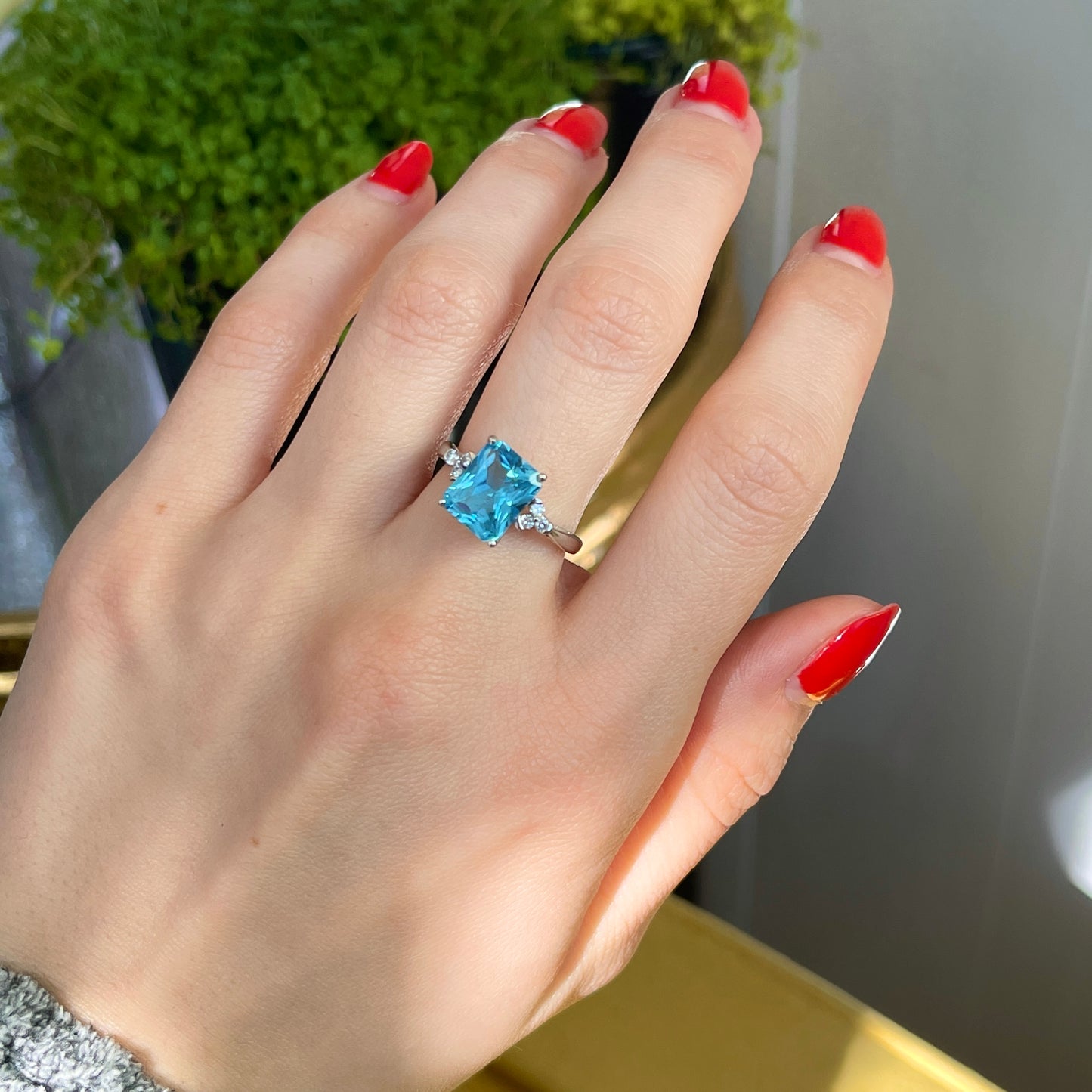 Estate 10KT White Gold Fantasy Cut Aqua Blue Topaz + Diamond Accent Ring