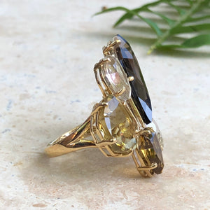 14KT Yellow Gold Smokey Lime Quartz Citrine + Rutilated Quartz Gemstone Ring - Legacy Saint Jewelry