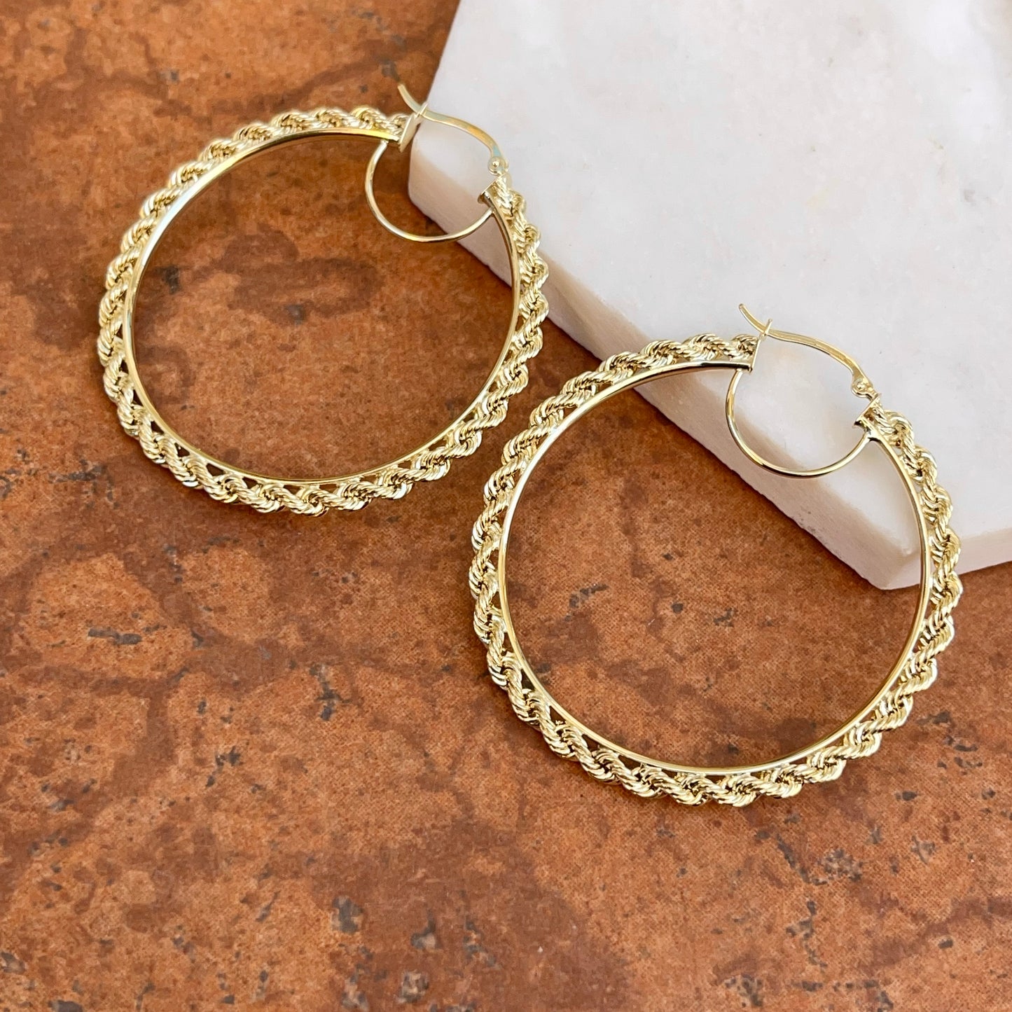 10KT Yellow Gold Diamond-Cut Rope Twist Hoop Earrings 50mm