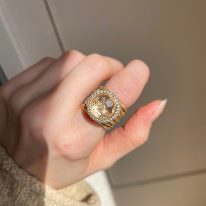 Estate 18KT Yellow Gold Round Morganite Diamond Halo Matte Cigar Band Ring