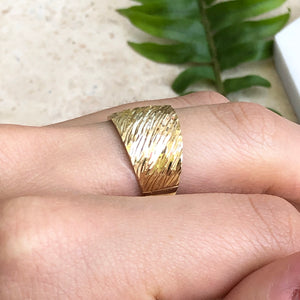 14KT Yellow Gold Wide Artistic Design Cigar Diamond-Cut Band Ring - Legacy Saint Jewelry