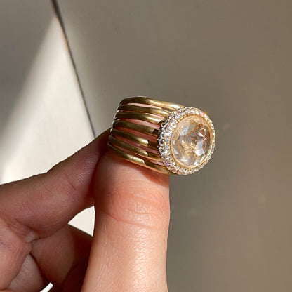 Estate 18KT Yellow Gold Round Morganite Diamond Halo Matte Cigar Band Ring