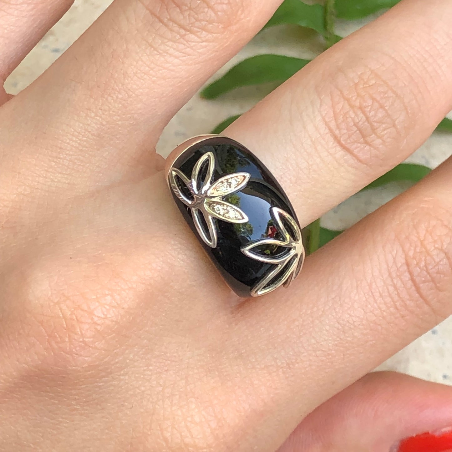 Sterling Silver Black Onyx + Pave Diamond Floral Dome Ring