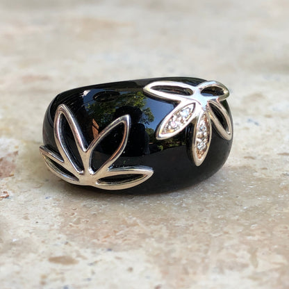 Sterling Silver Black Onyx + Pave Diamond Floral Dome Ring