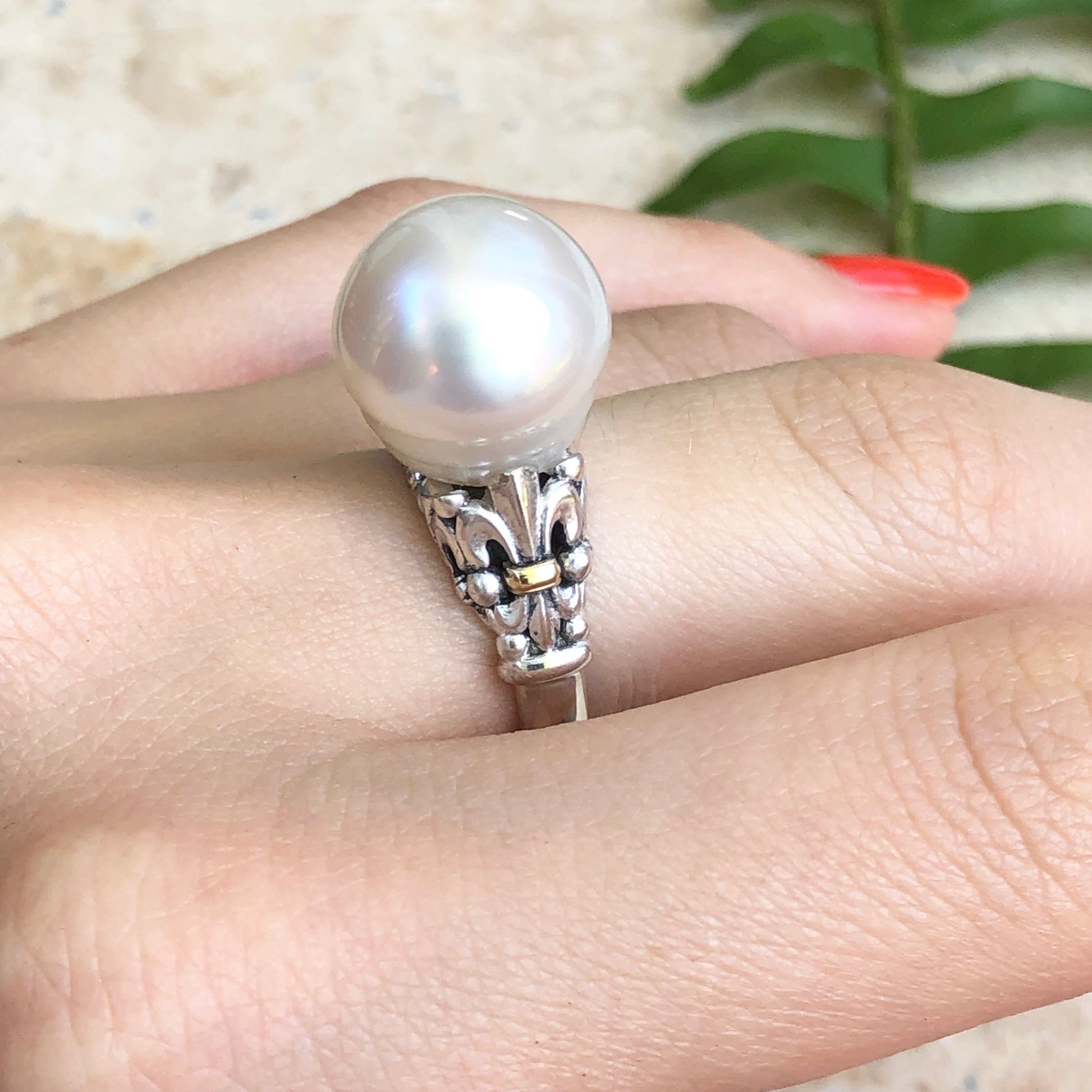 14KT Yellow Gold, Sterling Silver + Paspaley South Sea Pearl Fleur de Lis Ring - Legacy Saint Jewelry