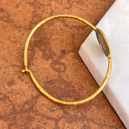 24KT Yellow Gold Plated + Sterling Silver Replica Coin + Diamond Bangle Bracelet