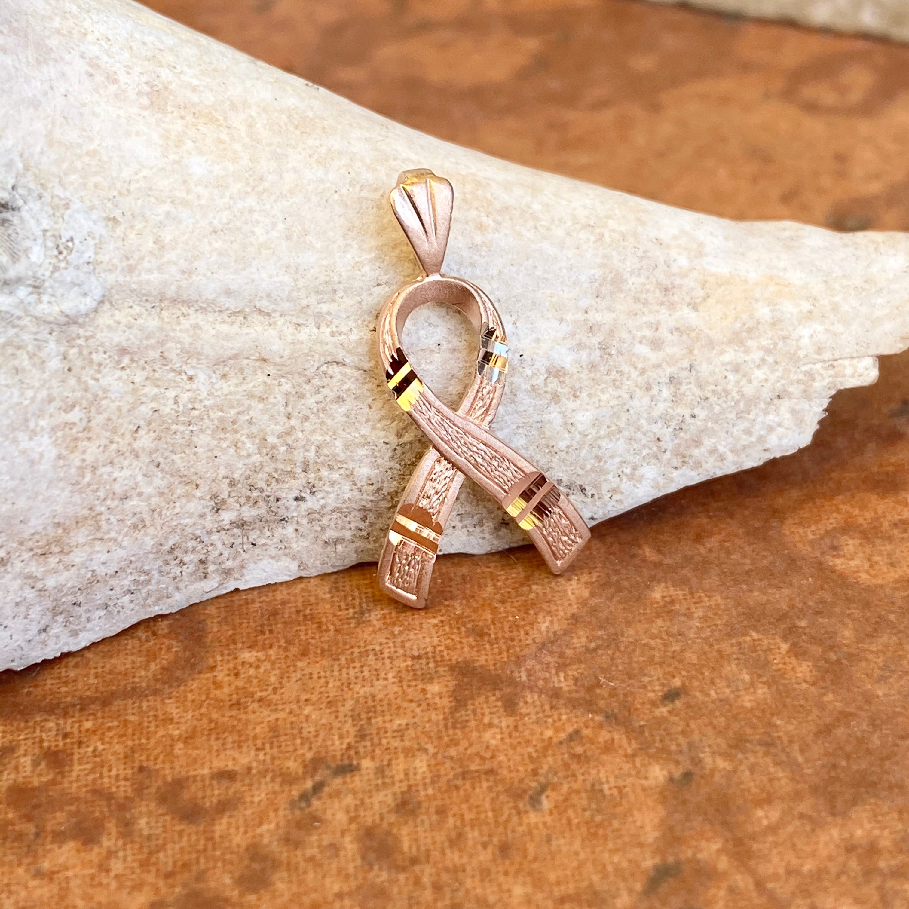 14KT Rose Gold Diamond-Cut Breast Cancer Awareness Ribbon Pendant