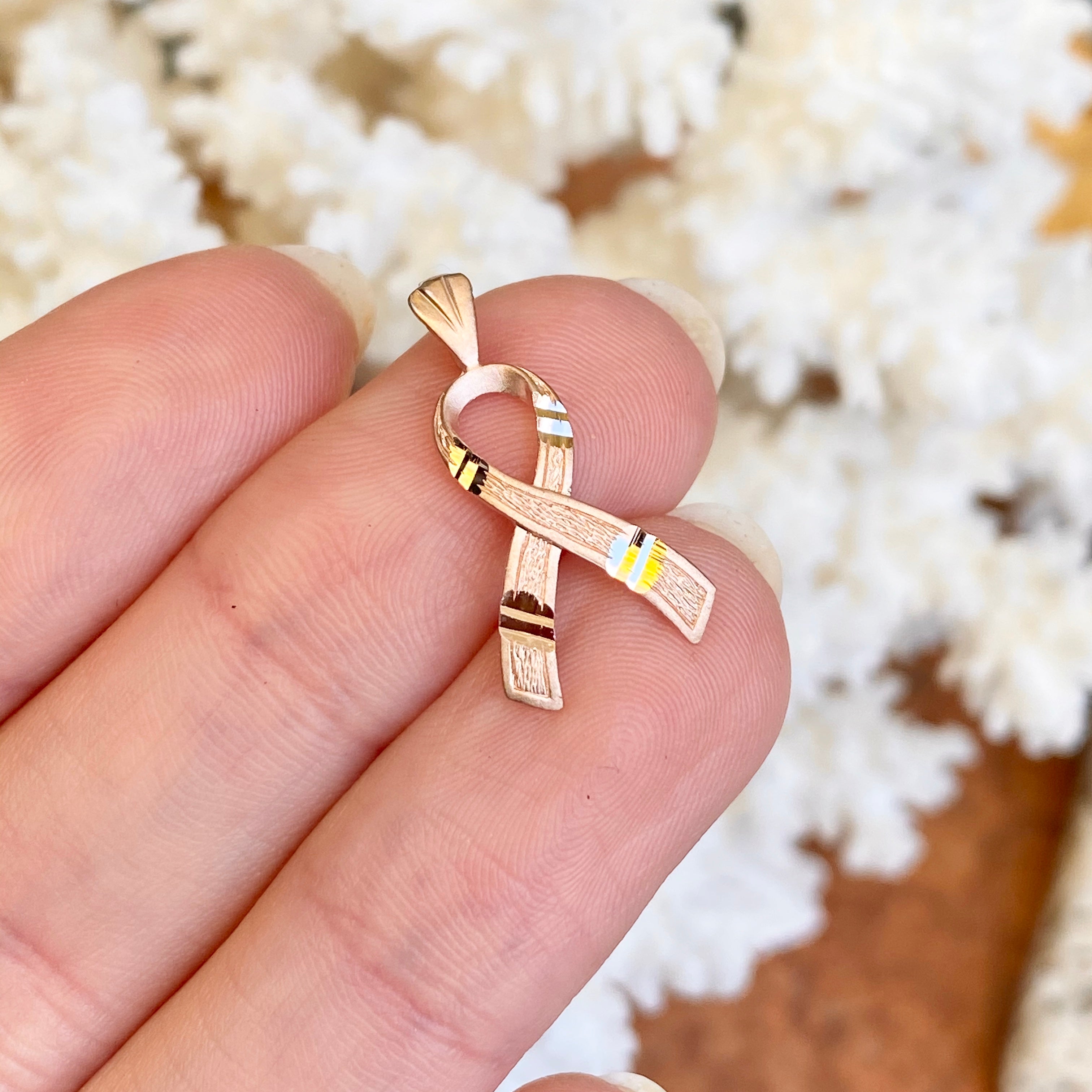 14KT Rose Gold Diamond Cut Breast Cancer Awareness Ribbon Pendant Char LSJ