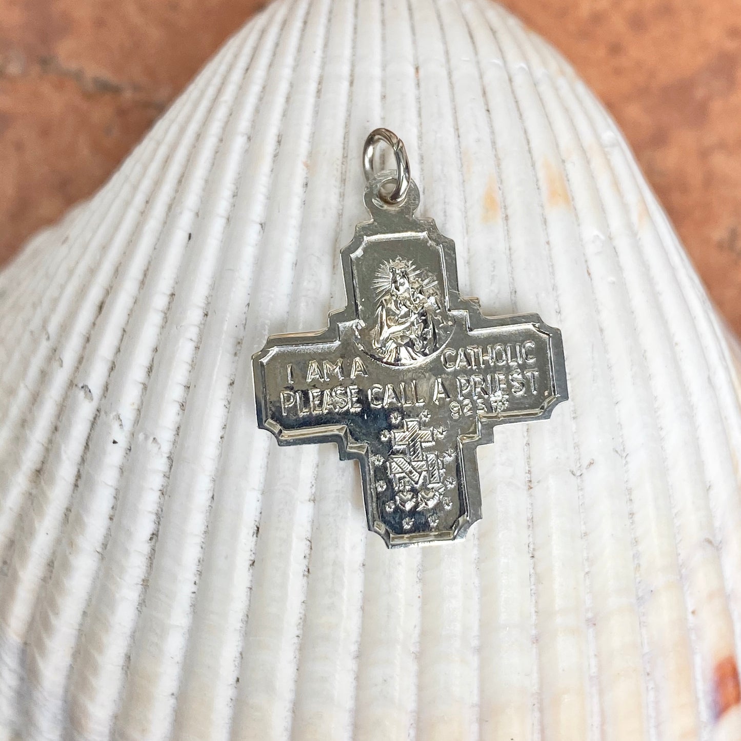 Sterling Silver Polished Four Way Catholic Cross Medal Pendant 17mm