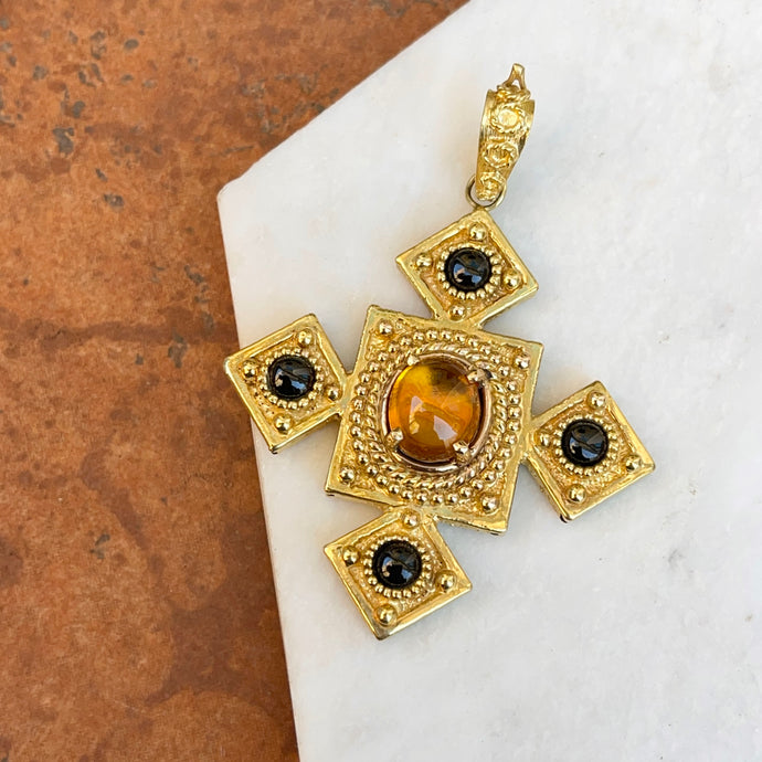 14KT Yellow Gold Ornate Byzantine Citrine + Onyx Maltese Cross Pendant