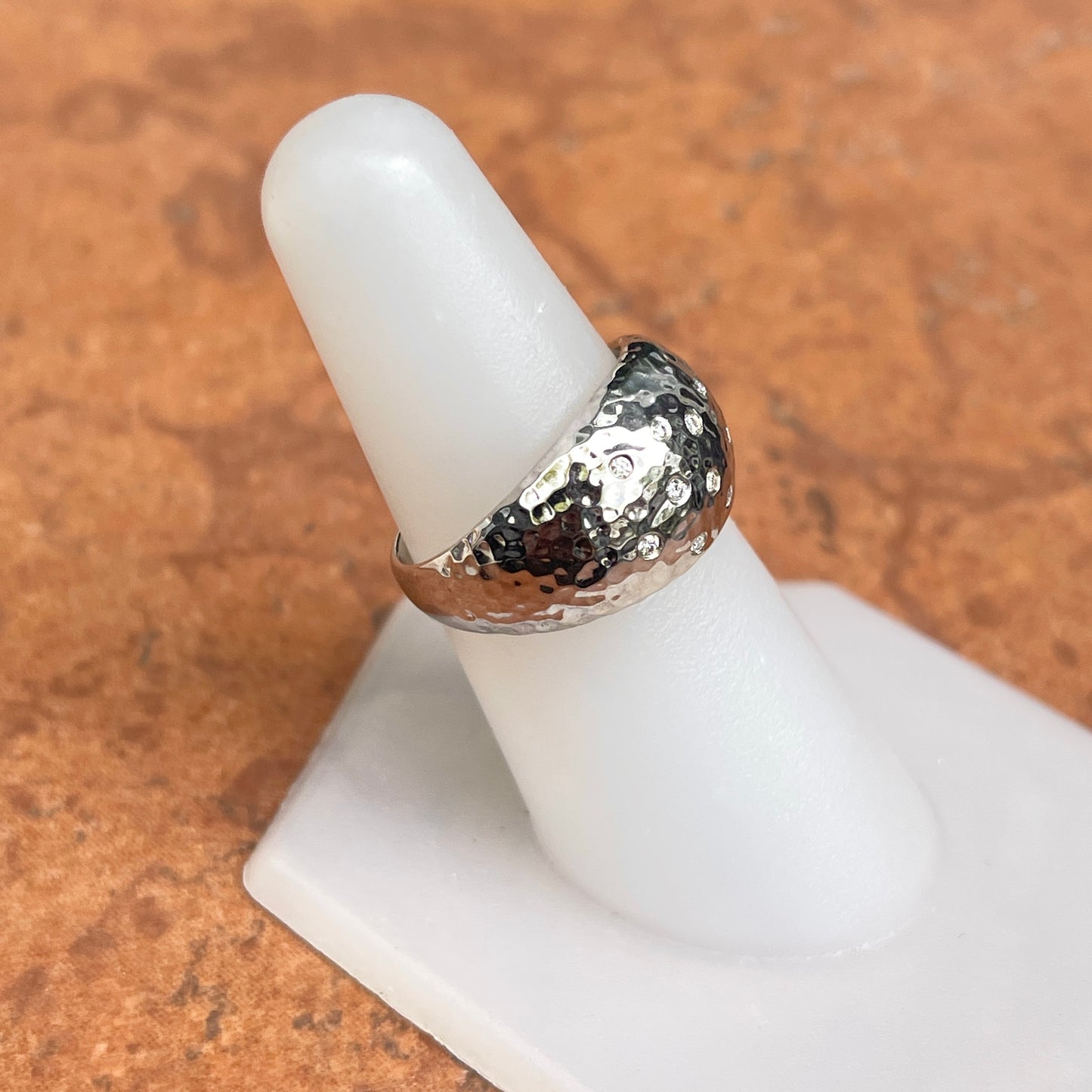 14KT White Gold Hammered Gypsy Diamond Domed Ring