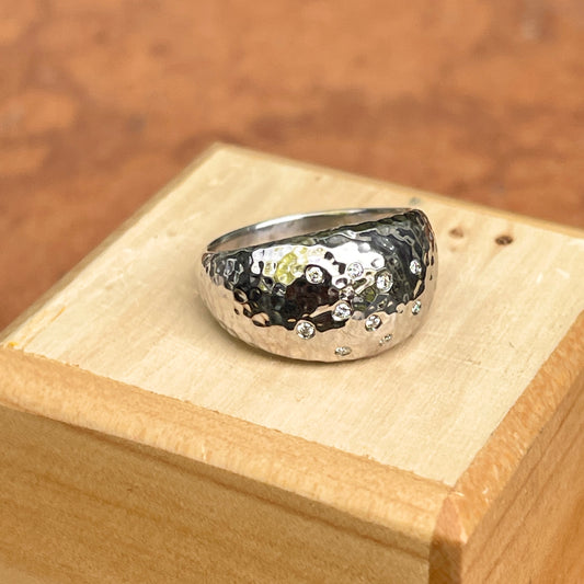 14KT White Gold Hammered Gypsy Diamond Domed Ring