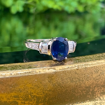 Estate 14KT White Gold Oval 1.75 CT Blue Sapphire + Diamond Accent Ring