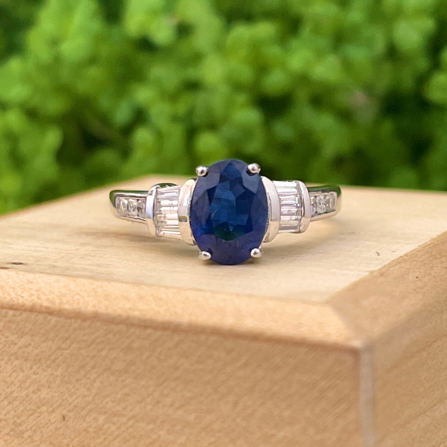 Estate 14KT White Gold Oval 1.75 CT Blue Sapphire + Diamond Accent Ring