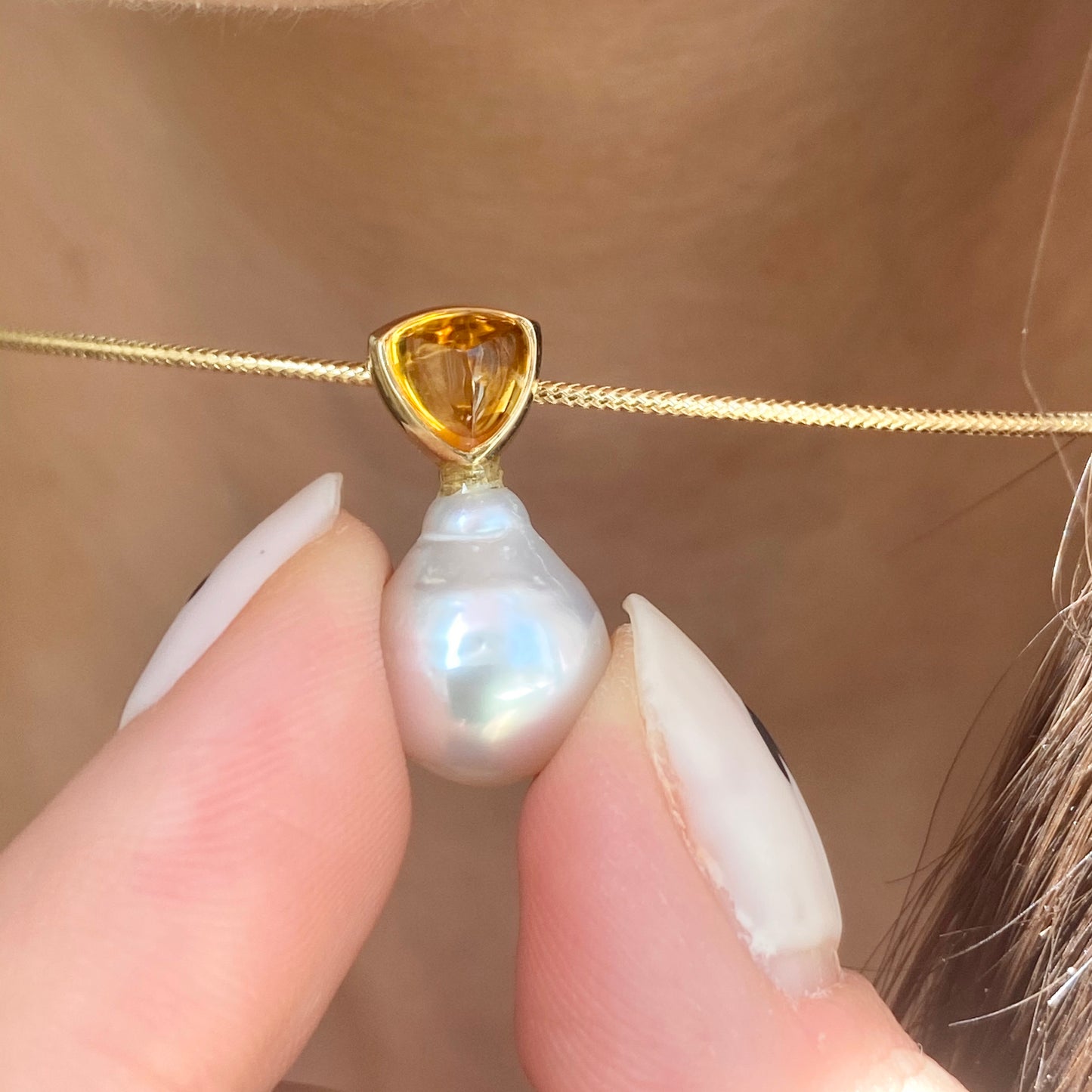 14KT Yellow Gold Trillion Citrine + 10mm Paspaley South Sea Pearl Pendant