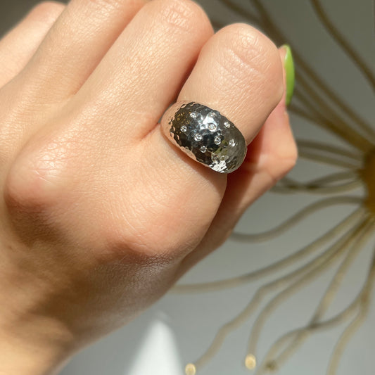14KT White Gold Hammered Gypsy Diamond Domed Ring