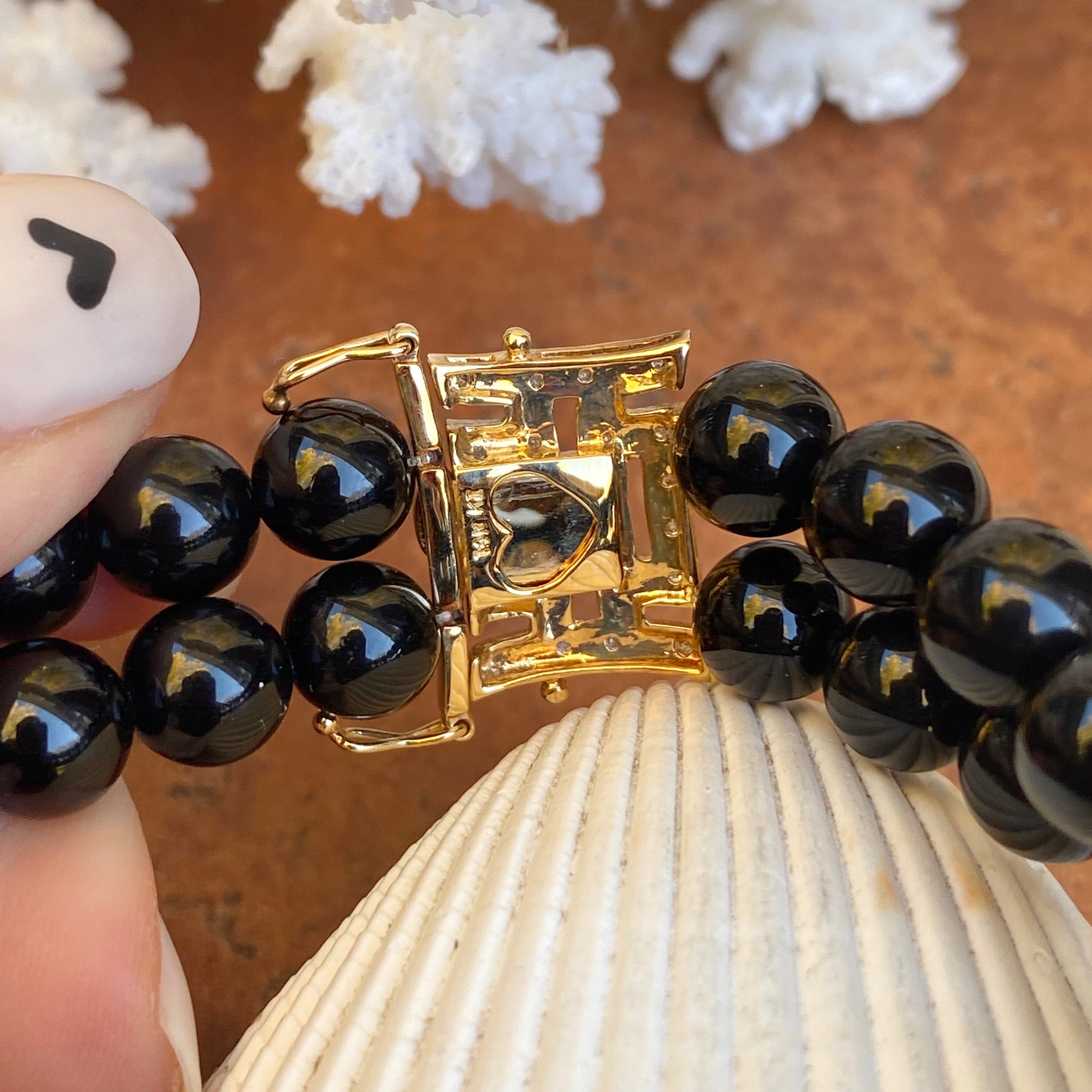 Estate 14KT Yellow Gold Black Onyx + .08 CT Pave Diamond Double Row Beaded Bracelet - Legacy Saint Jewelry