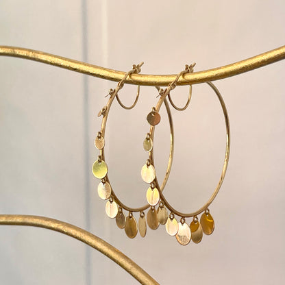 14KT Yellow Gold Thin Tube Dangling Circles Hoop Earrings 47mm
