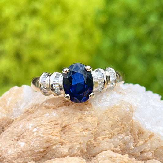 Estate 14KT Yellow Gold Oval 1.85 CT Blue Sapphire + Baguette Diamond Ring