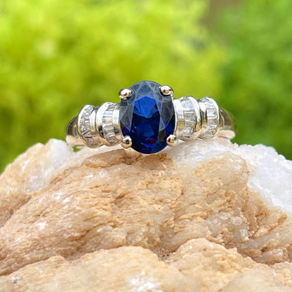 Estate 14KT Yellow Gold Oval 1.85 CT Blue Sapphire + Baguette Diamond Ring