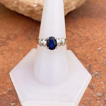 Estate 14KT Yellow Gold Oval 1.85 CT Blue Sapphire + Baguette Diamond Ring