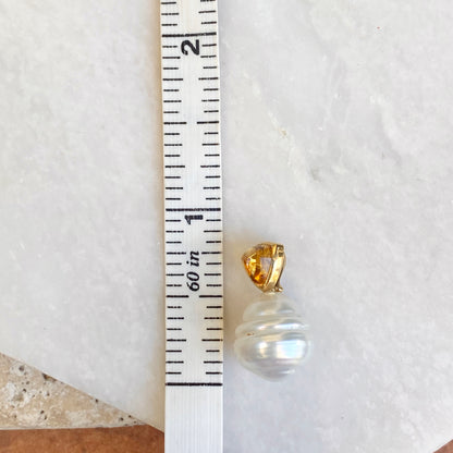 14KT Yellow Gold Trillion Citrine + 10mm Paspaley South Sea Pearl Pendant