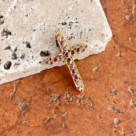 Estate 18KT Yellow Gold Open Work Blue Sapphire + Ruby Cross Pendant 30mm