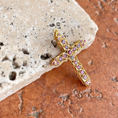 Estate 18KT Yellow Gold Open Work Blue Sapphire + Ruby Cross Pendant 30mm