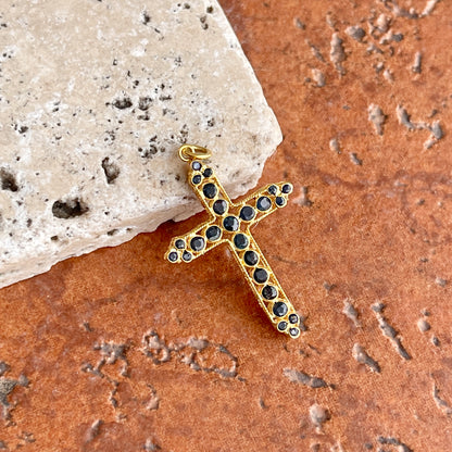 Estate 18KT Yellow Gold Open Work Blue Sapphire + Ruby Cross Pendant 30mm