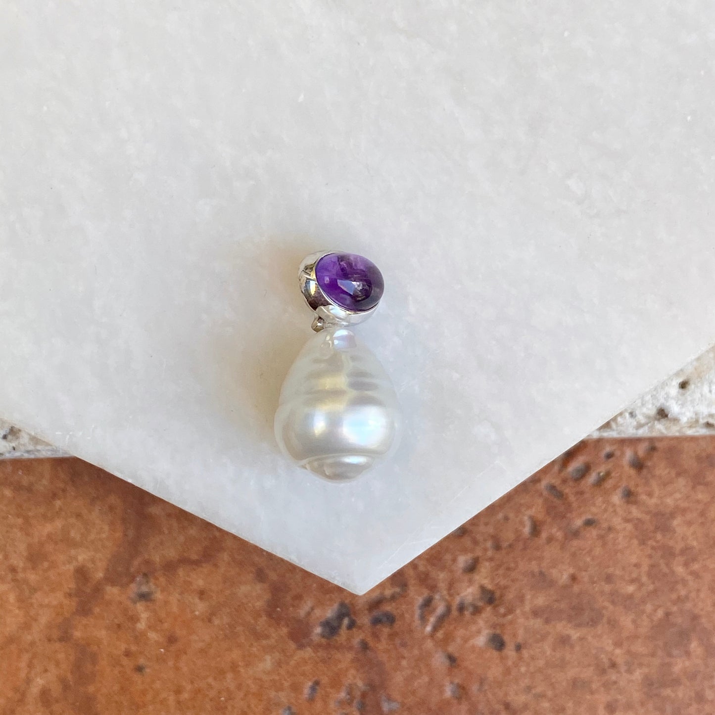 14KT White Gold Cabochon Amethyst + 11mm Paspaley South Sea Pearl Pendant Slide #3