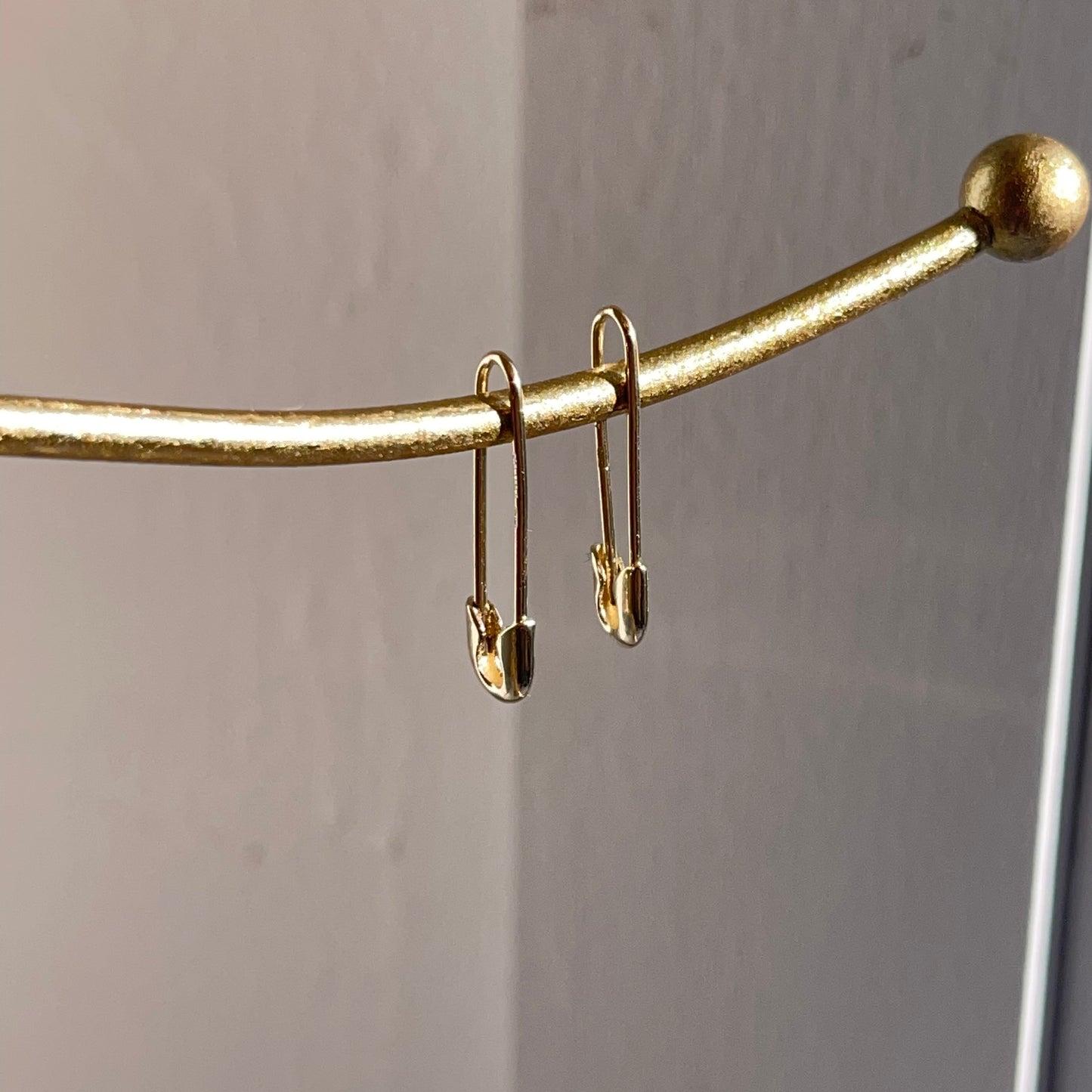 14KT Yellow Gold Safety Pin Dangle Hoop Earings