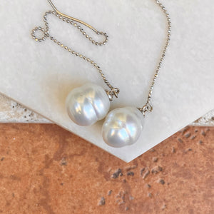 14KT White Gold Diamond-Cut Ball Chain 11mm Pasapley Pearl Threader Earrings