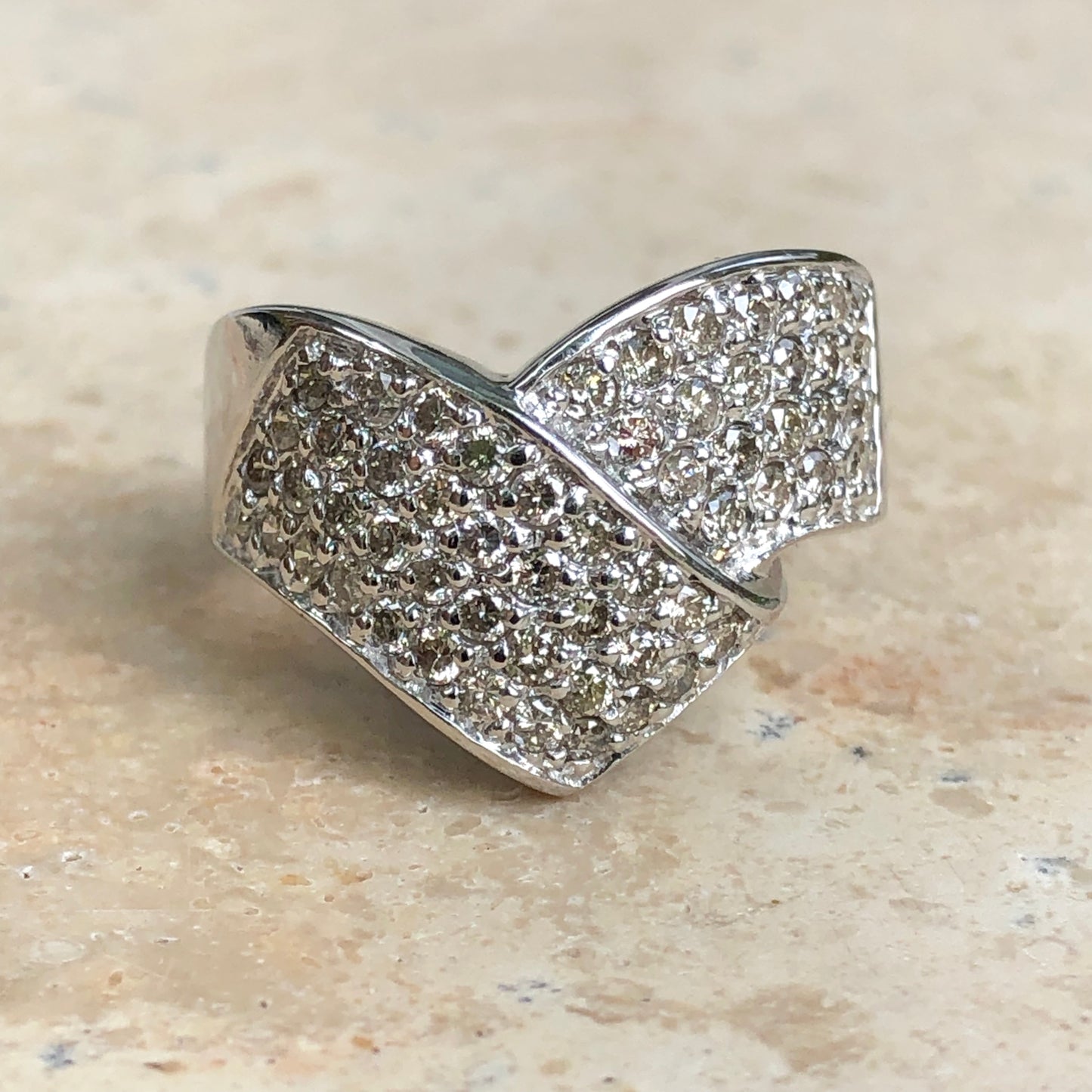14KT White Gold + Pave Diamond Bypass Design Cigar Estate Ring Size 7 - Legacy Saint Jewelry