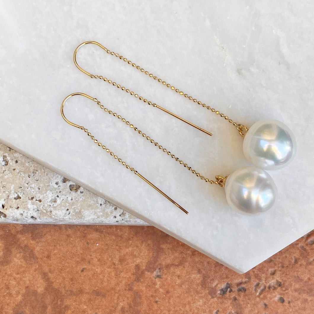 14KT Yellow Gold 12mm Paspaley Pearl Threader Curved Wire Ball Chain Earrings