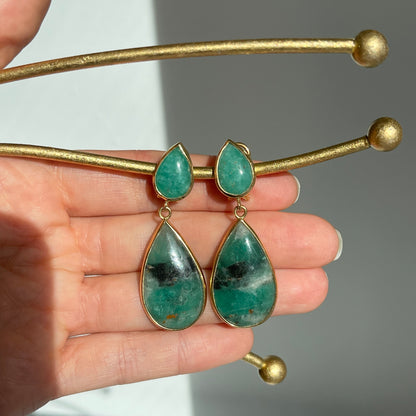 18KT Yellow Gold Cabochon Teardrop Bezel-Set Colombian Emerald Earrings - LSJ