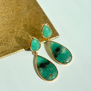 18KT Yellow Gold Cabochon Teardrop Bezel-Set Colombian Emerald Earrings - LSJ
