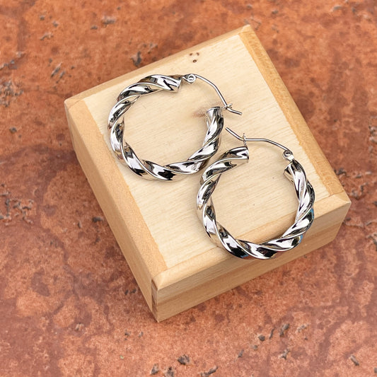 14KT White Gold Twisted 4mm Tube Hoop Earrings 25mm