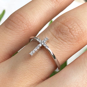 14KT White Gold + Pave Diamond Cross Ring - Legacy Saint Jewelry