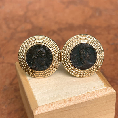 Estate 14KT Yellow Gold Rope Twist Etruscan Roman Coin Omega Earrings