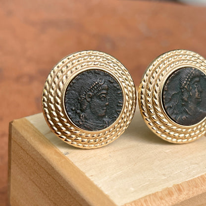 Estate 14KT Yellow Gold Rope Twist Etruscan Roman Coin Omega Earrings