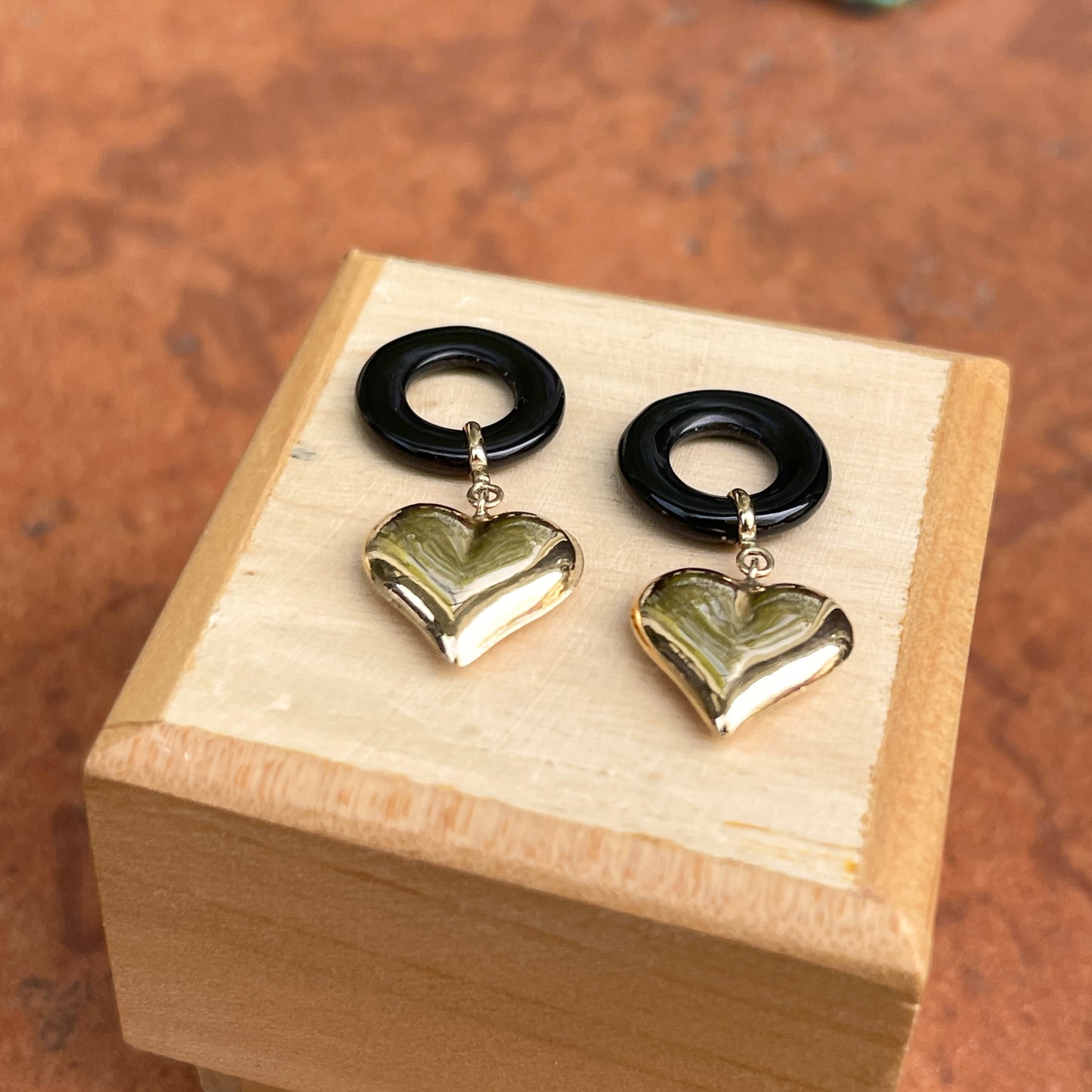 Estate 14KT Yellow Gold Black Onyx + Heart Earring Charms