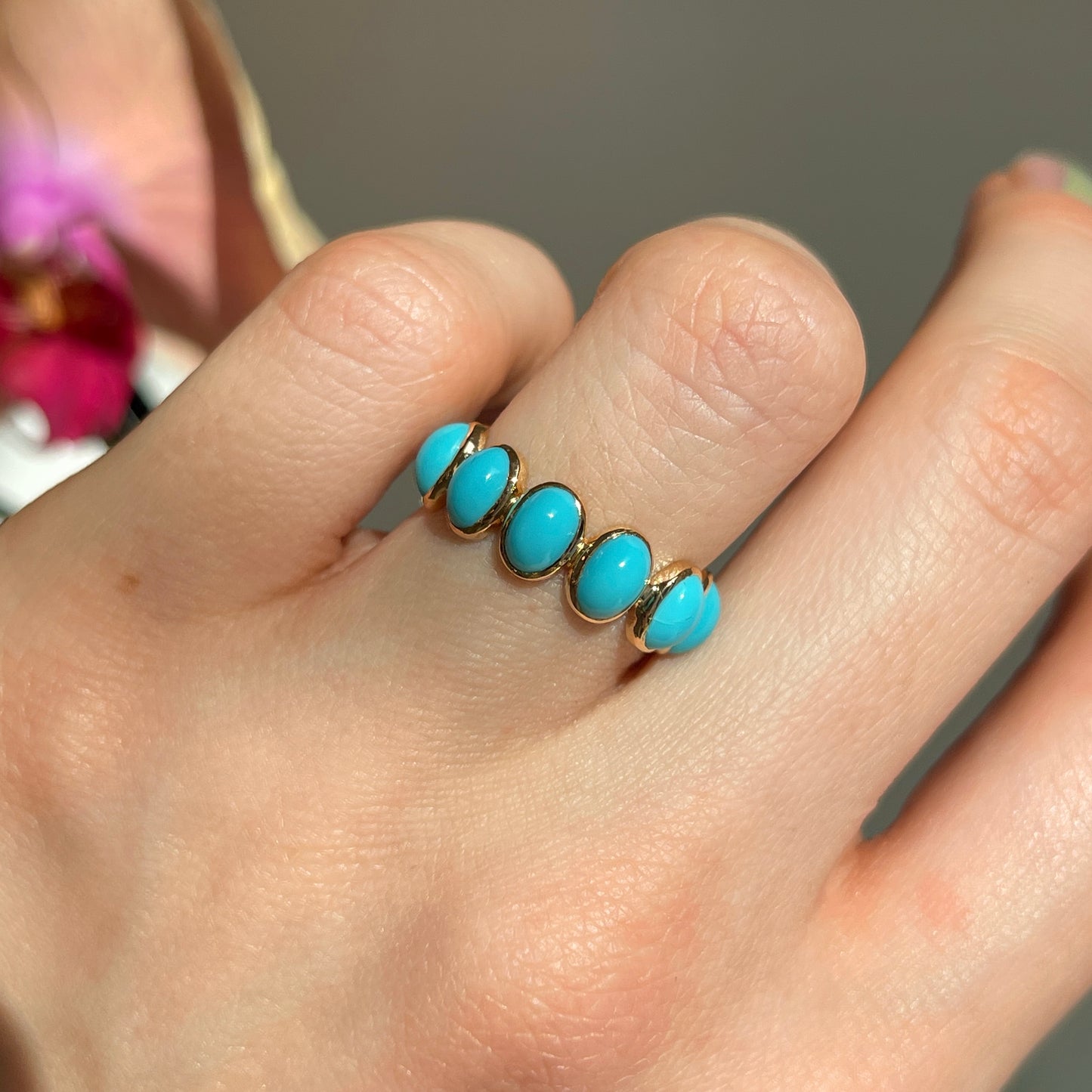 18KT Yellow Gold Bezel Oval Turquoise Eternity Band Ring