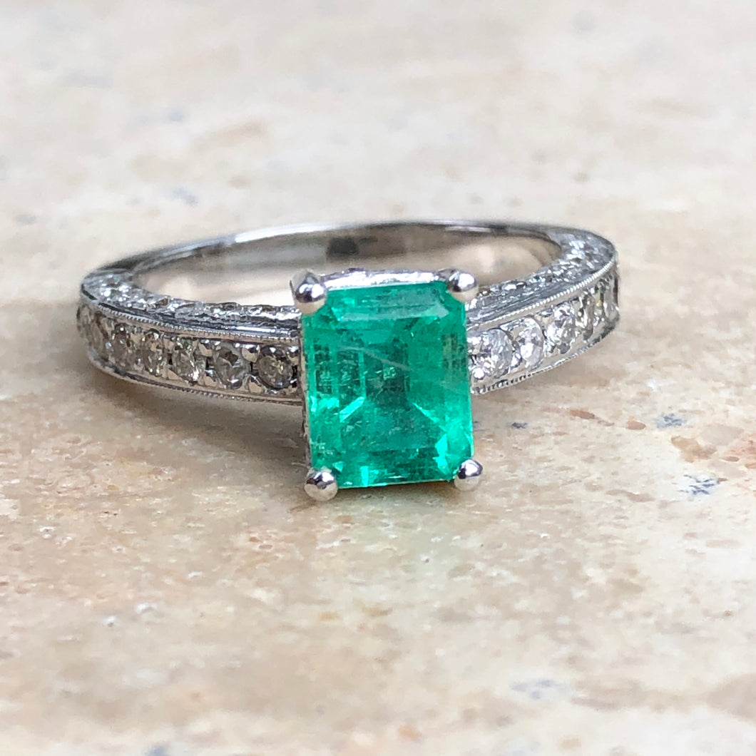 Estate 14KT White Gold Emerald + Pave Diamond Ring Size 7 - Legacy Saint Jewelry