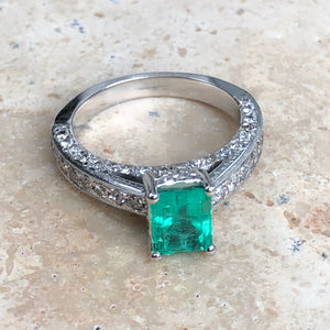Estate 14KT White Gold Emerald + Pave Diamond Ring Size 7 - Legacy Saint Jewelry