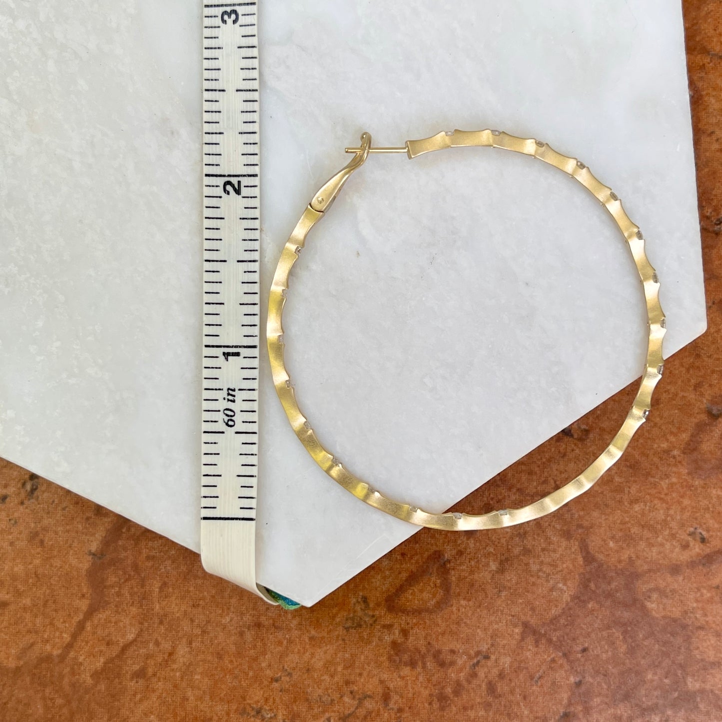 14KT Yellow Gold Matte Inside Outside 1.50 CT Diamond Bamboo Hoop Earrings 60mm