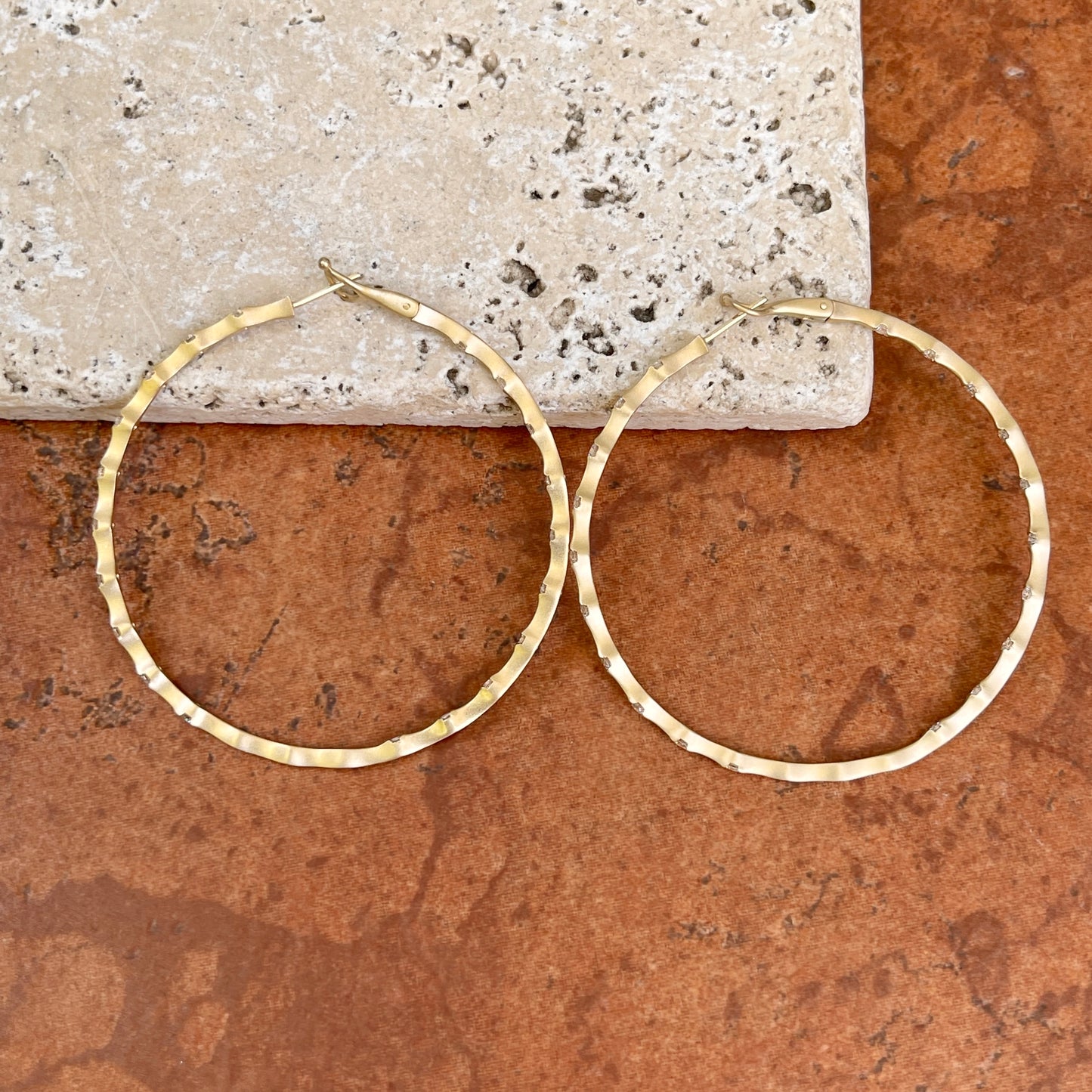 14KT Yellow Gold Matte Inside Outside 1.50 CT Diamond Bamboo Hoop Earrings 60mm