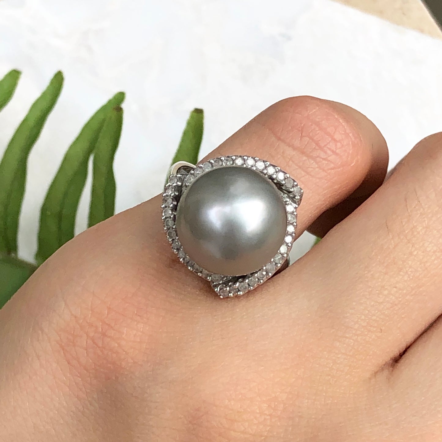 Estate 14KT White Gold Diamond + Gray Tahitian Pearl Cluster Ring Size 5, Estate 14KT White Gold Diamond + Gray Tahitian Pearl Cluster Ring Size 5 - Legacy Saint Jewelry